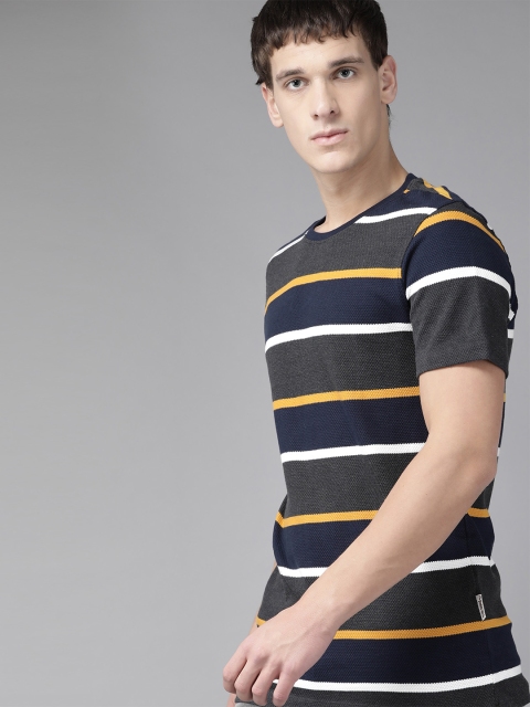 

Roadster Men Navy Blue & Charcoal Grey Striped Round Neck T-shirt