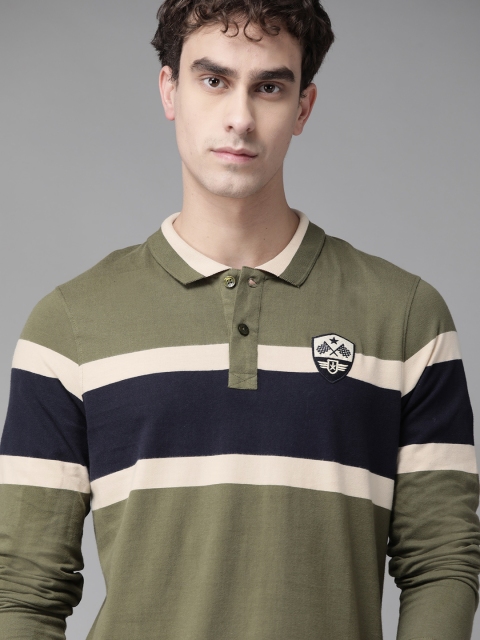 

Roadster Men Olive Green & Navy Blue Striped Polo Collar T-shirt
