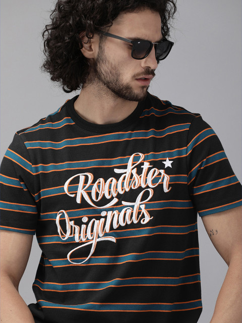

Roadster Men Black Blue Striped Round Neck Pure Cotton T-shirt