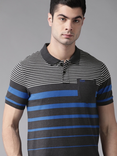 

Roadster Men Charcoal Grey & White Striped Cotton Polo Collar T-shirt