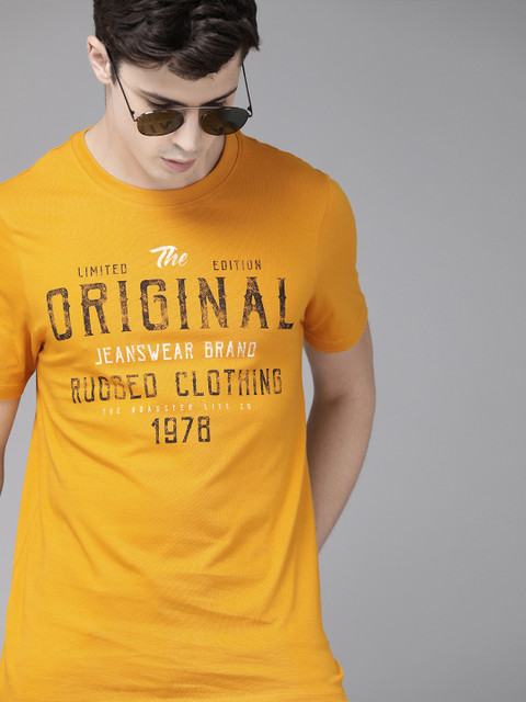 

Roadster Men Mustard Yellow Printed Round Neck Pure Cotton T-shirt