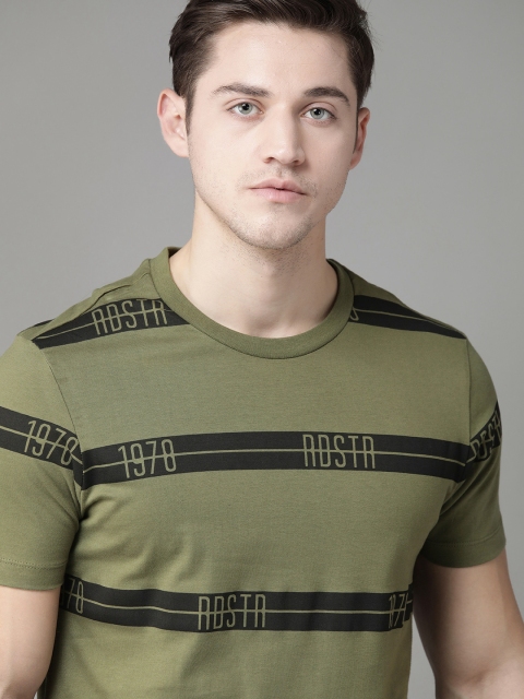 

Roadster Men Olive Green & Black Brand Logo Striped Pure Cotton Round Neck T-shirt