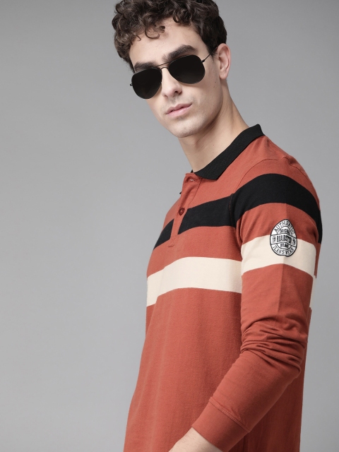 

Roadster Men Rust Orange & Black Striped Polo Collar T-shirt