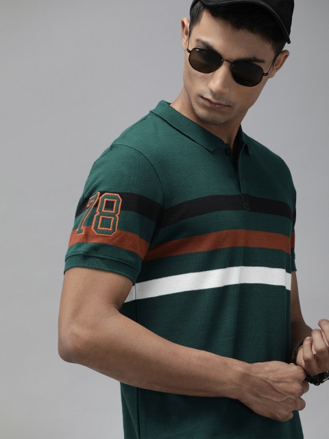 

Roadster Men Olive Green Striped Polo Collar T-shirt