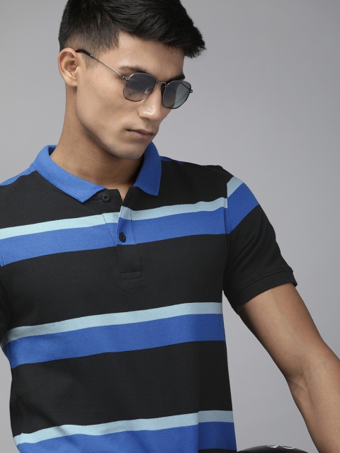 

Roadster Men Blue & Black Striped Polo Collar T-shirt