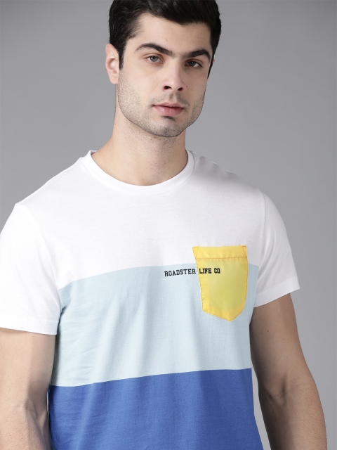 

Roadster Men White & Blue Striped Pure Cotton Round Neck T-shirt