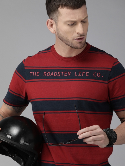 

Roadster Men Red Navy Blue Striped Round Neck Pure Cotton T-shirt with Printed Detailing