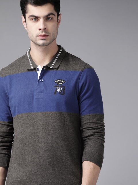 

Roadster Men Charcoal Grey & Blue Colourblocked Polo Collar T-shirt