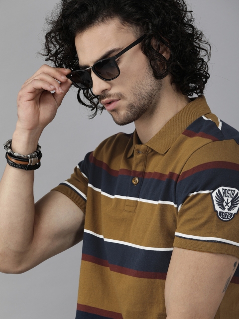 

Roadster Men Navy Blue Khaki Brown Striped Polo Collar Pure Cotton T-shirt