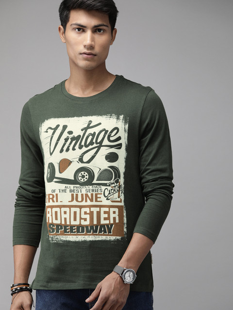 

Roadster Men Olive Green Brand Logo Printed Round Neck T-shirt