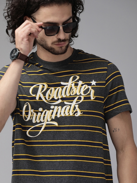 

Roadster Men Mustard Yellow Grey Striped Round Neck Pure Cotton T-shirt