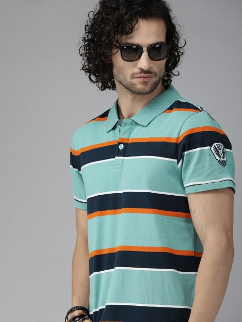 

Roadster Men Sea Green Navy Blue Striped Polo Collar Pure Cotton T-shirt