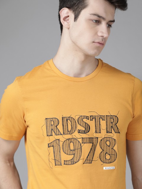 

Roadster Men Mustard Yellow Self Design Round Neck Pure Cotton T-shirt