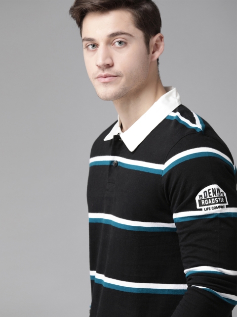 

Roadster Men Black & White Pure Cotton Striped Polo Collar T-shirt