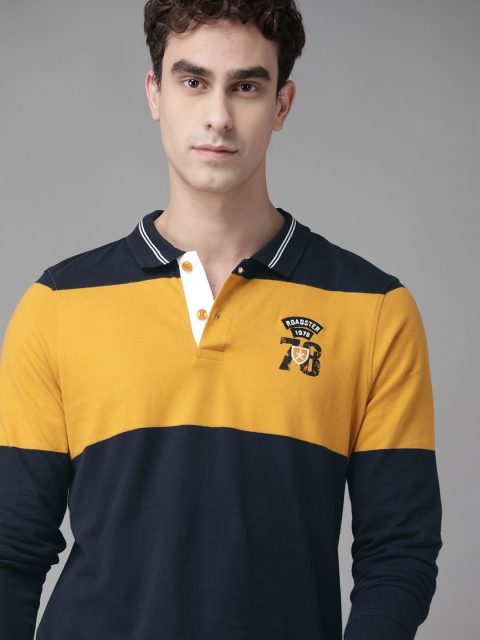 

Roadster Men Navy Blue & Mustard Yellow Colourblocked Pure Cotton Polo Collar T-shirt