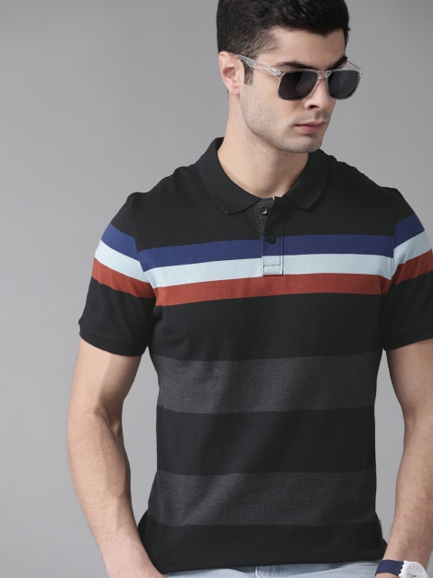 

Roadster Men Black Charcoal Grey Pure Cotton Striped Polo Collar Pure Cotton T-shirt