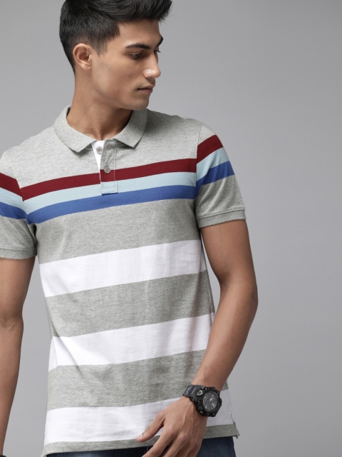 

Roadster Men Grey Melange Striped Polo Collar Pure Cotton T-shirt