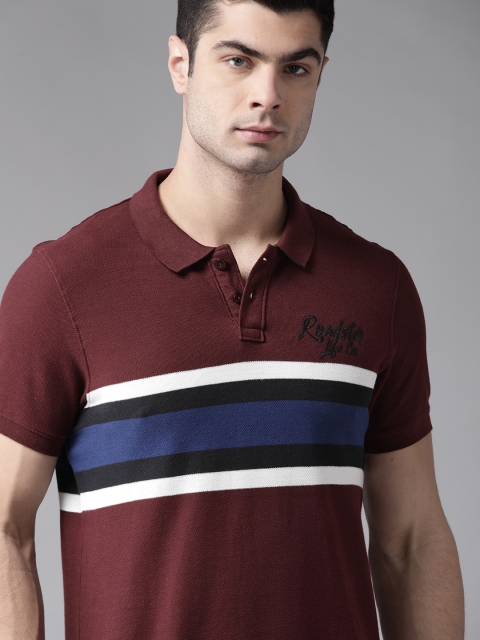 

Roadster Men Maroon &White Striped Cotton Polo Collar T-shirt