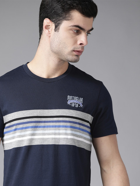 

Roadster Men Navy Blue & Grey Striped Pure Cotton Round Neck T-shirt