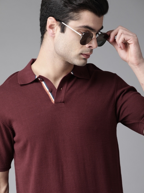 

Roadster Men Burgundy Solid Pure Cotton Polo Collar T-shirt