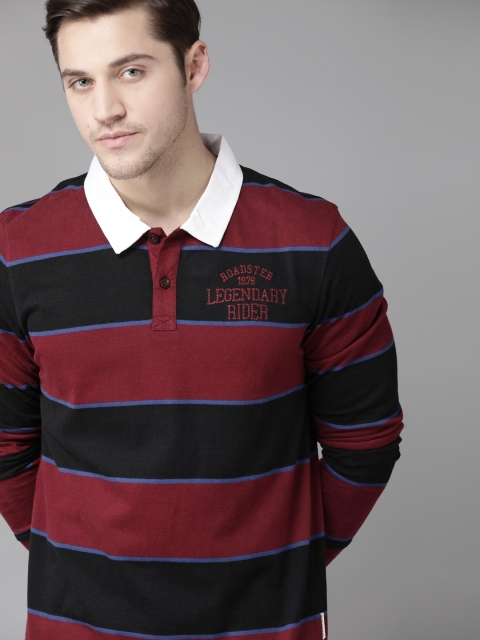 

Roadster Men Burgundy & Black Striped Pure Cotton Polo Collar T-shirt