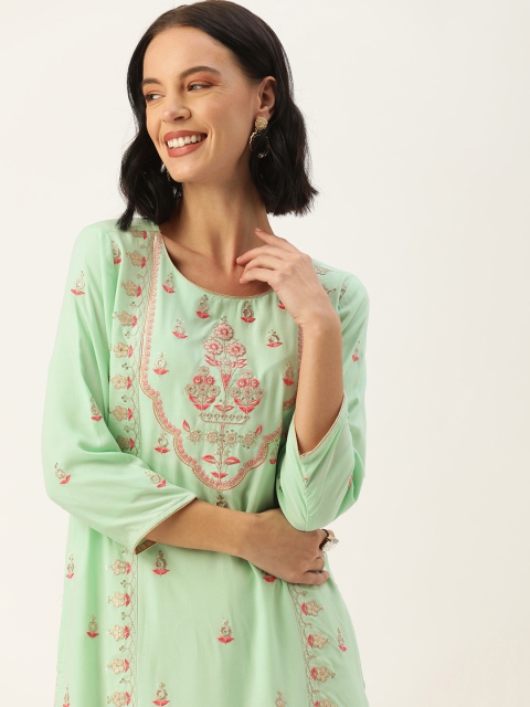 

House of Pataudi Women Green Embroidered Straight Kurta