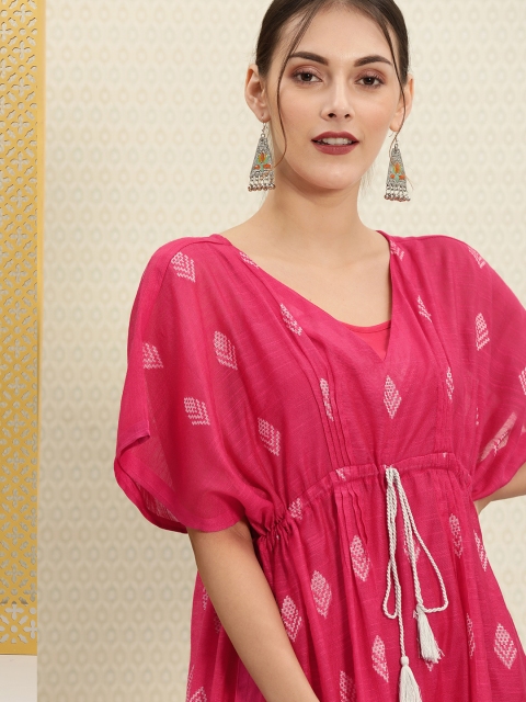 

House of Pataudi Women Pink Woven Design A-Line Layered Kurta with Tie-up Details