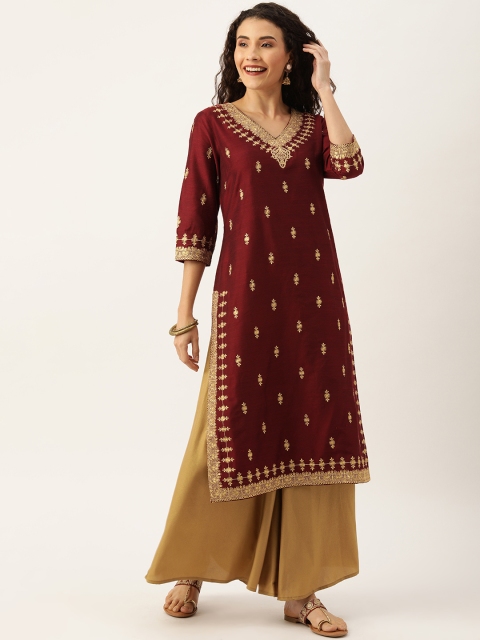 

House of Pataudi Women Maroon & Gold-Toned Embroidered Straight Kurta