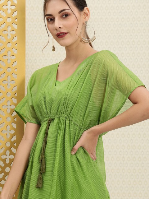 

House of Pataudi Women Green Solid A-Line Layered Kurta with Tie-up Details
