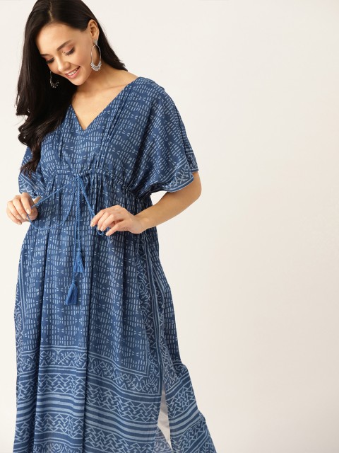 

House of Pataudi Women Blue Cotton Printed Kaftan Kurta