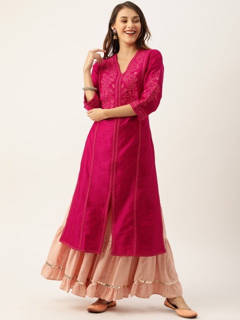 

House of Pataudi Women Fuchsia Embroidered Straight Kurta