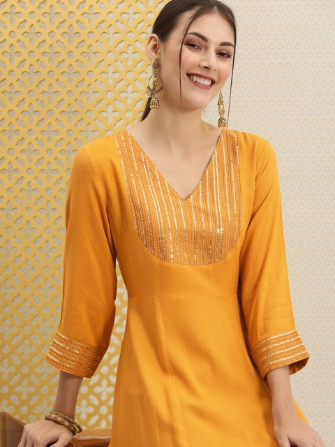 

House of Pataudi Women Mustard Yellow Self Design Sequinned A-Line Kurta