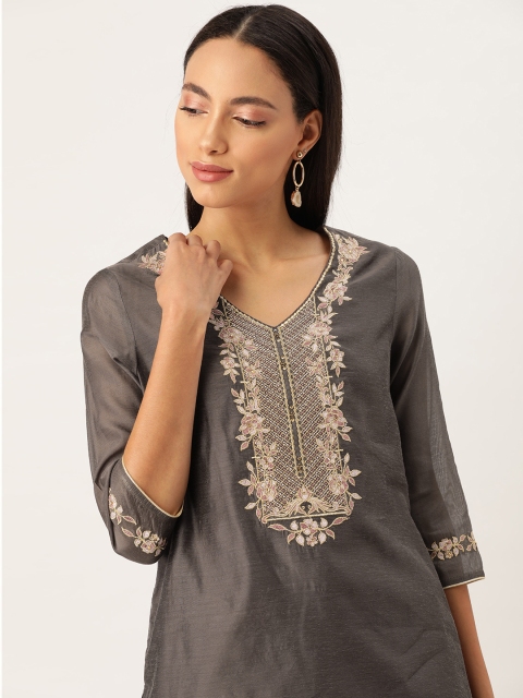 

House of Pataudi Women Charcoal Grey & Golden Embroidered Yoke Design Straight Kurta