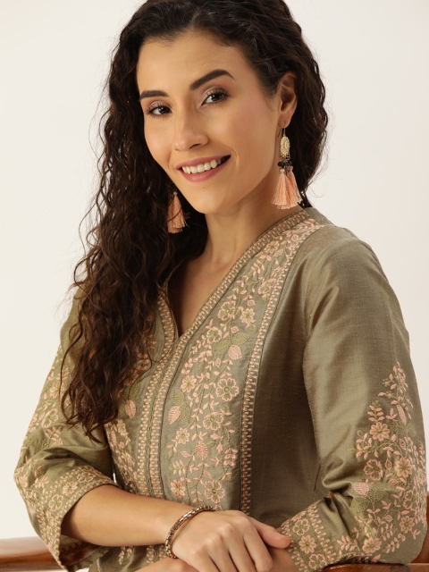 

House of Pataudi Women Beige & Gold-Toned Yoke Design A-Line Kurta