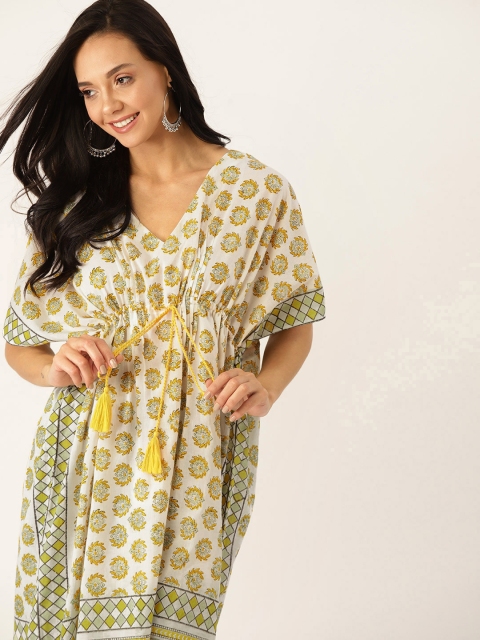 

House of Pataudi Women White & Yellow Cotton Printed Kaftan Kurta