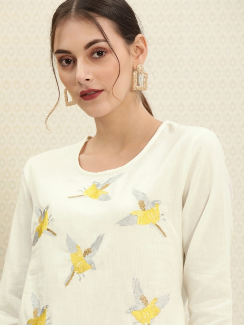 

House of Pataudi Women White Embroidered Straight Kurta