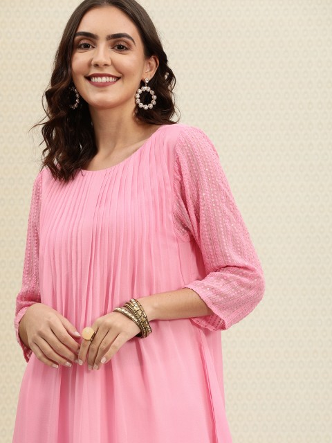 

House of Pataudi Women Pink Solid A-Line Kurta with Sequin & Gathered Detail