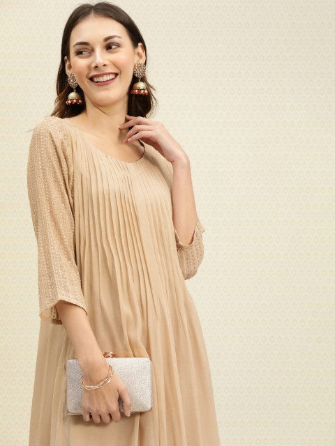 

House of Pataudi Women Beige Solid A-Line Kurta with Sequin & Gathered Detail