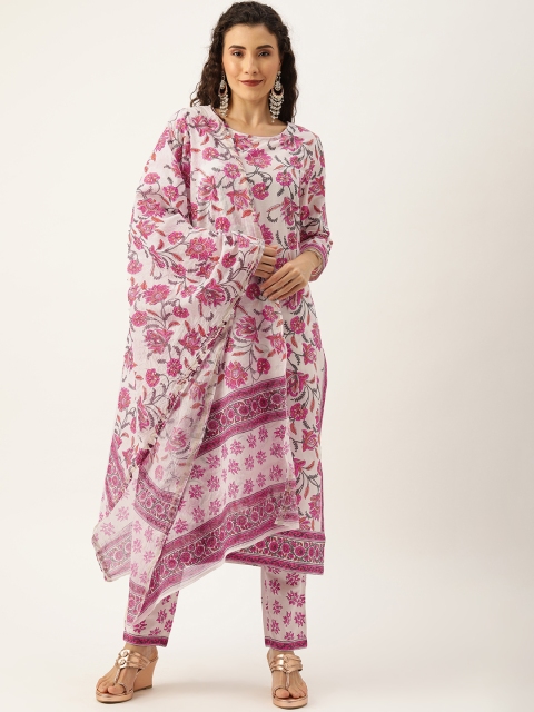 

House of Pataudi Women White & Pink Printed Kurta with Trousers & Dupatta