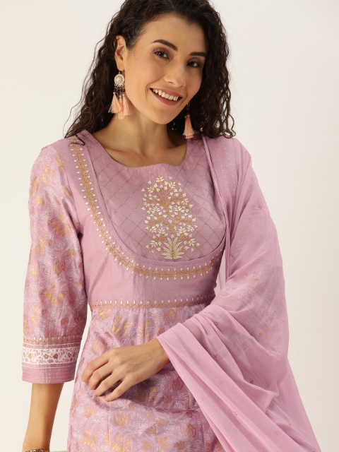 

House of Pataudi Women Pink Embroidered Kurta with Trousers & Dupatta