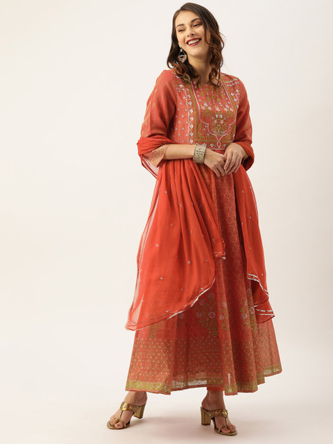 

House of Pataudi Women Brown & Beige Printed Kurta with Trousers & Dupatta