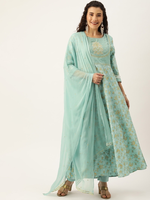 

House of Pataudi Women Blue Printed Kurta with Trousers & Dupatta