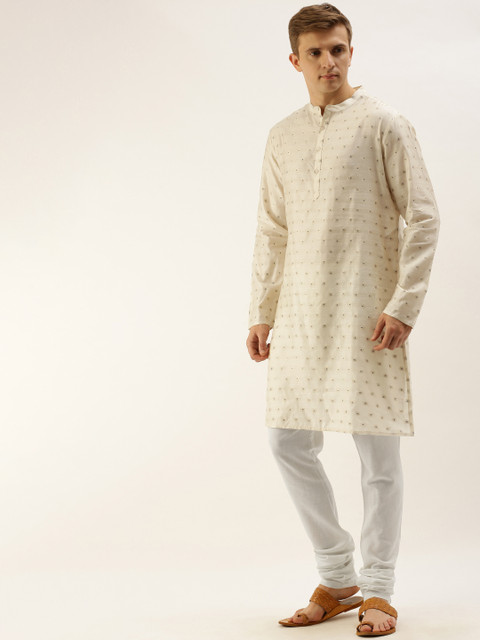 

House of Pataudi Men Off-White Self Design Kurta with Churidar