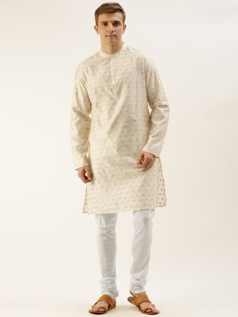 

House of Pataudi Men Off-White Self Design Kurta with Churidar