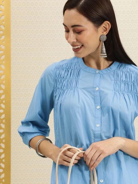 

House of Pataudi Women Blue Pure Cotton Gathered A-Line Kurti