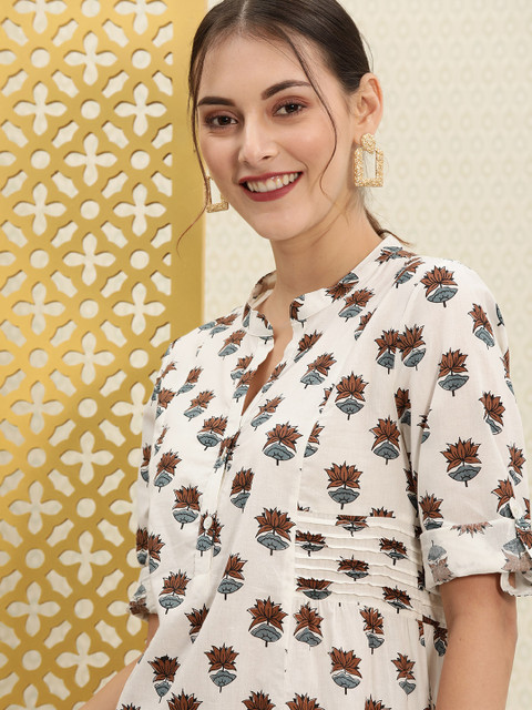 

House of Pataudi Women White & Brown Floral Printed Pleated A-Line Kurti