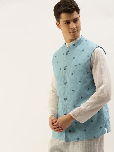 

House of Pataudi Men Blue Woven Design Nehru Jacket