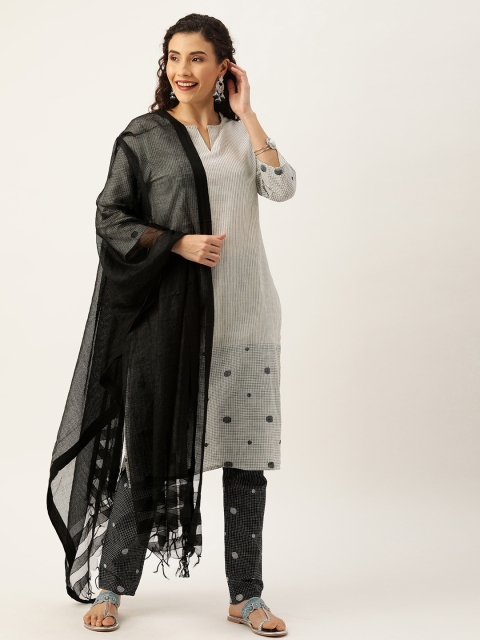 

House of Pataudi Women Off-White & Black Striped Kurta with Trousers & Dupatta