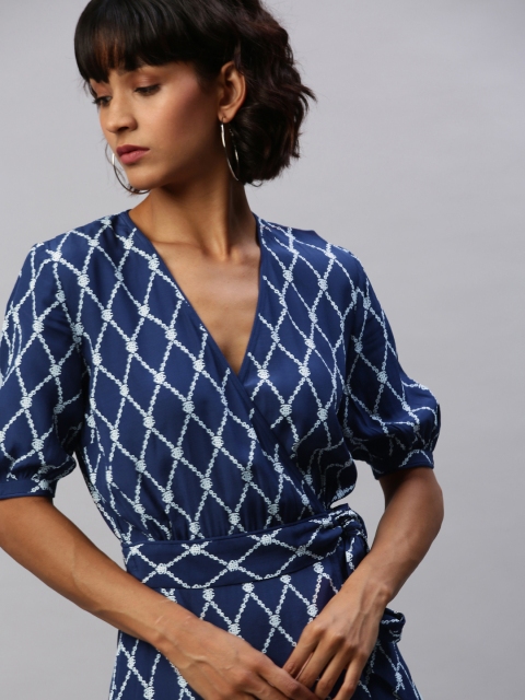 

Tommy Hilfiger Women Navy Blue & White Printed Wrap Dress