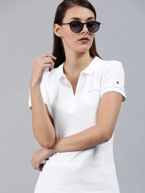 

Tommy Hilfiger Women White Solid Slim Fit Polo Collar T-shirt